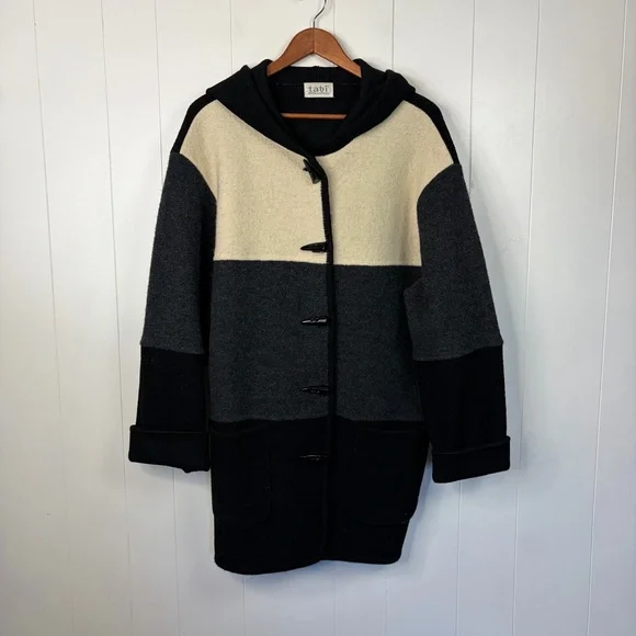 Vintage Wool Hooded Midi Jacket Coat Black Gray Cream Size Medium Winter 1990s - Picture 11 of 11